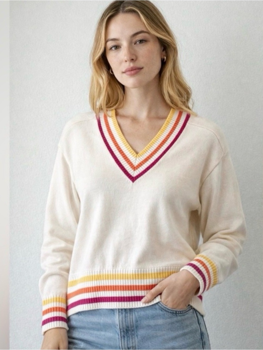 Anthropologie Kerri Rosenthal XO Get Happy V-Neck Varsity style Sweater M